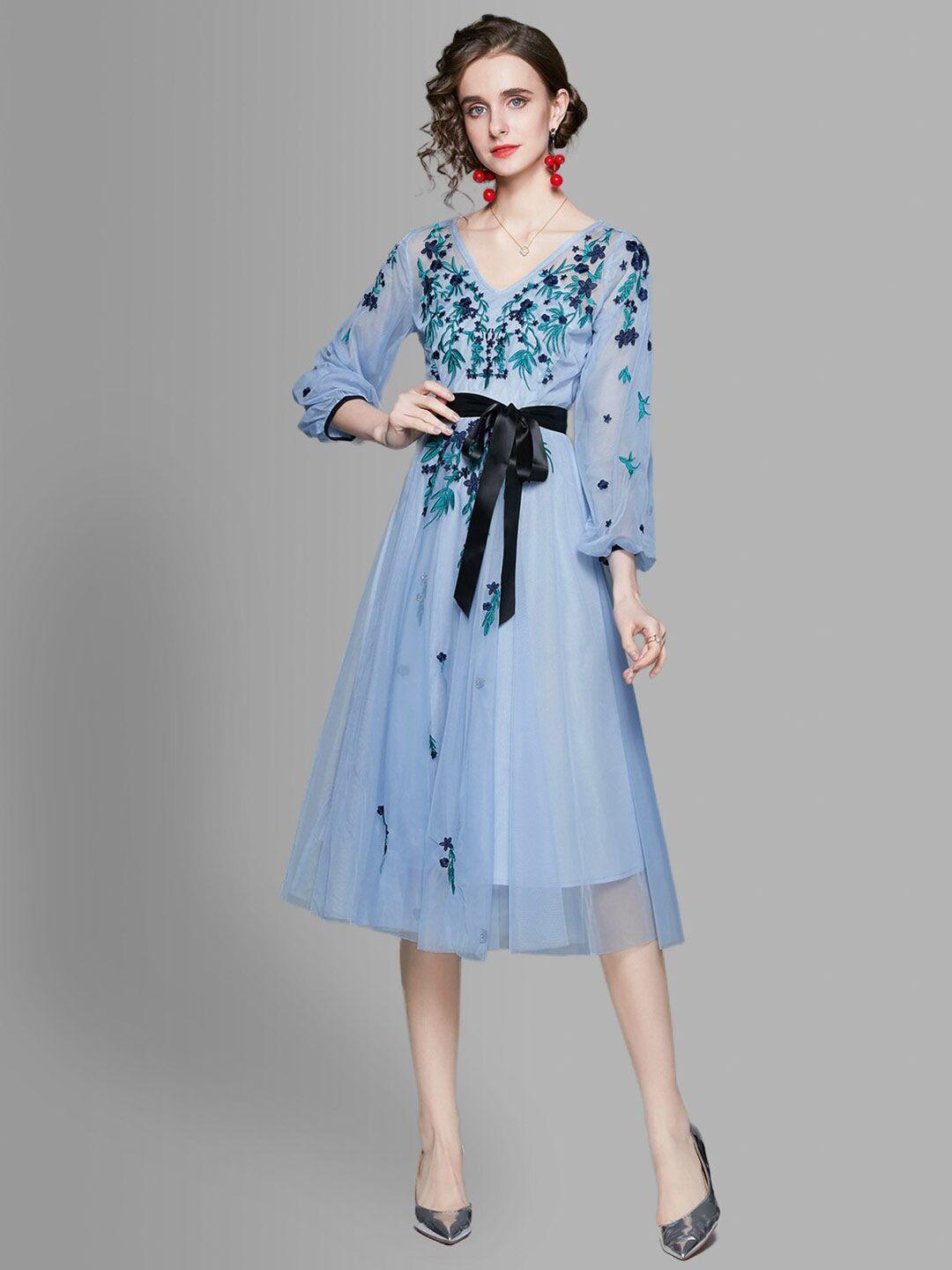 jc collection blue floral embroidered fit & flare midi dress