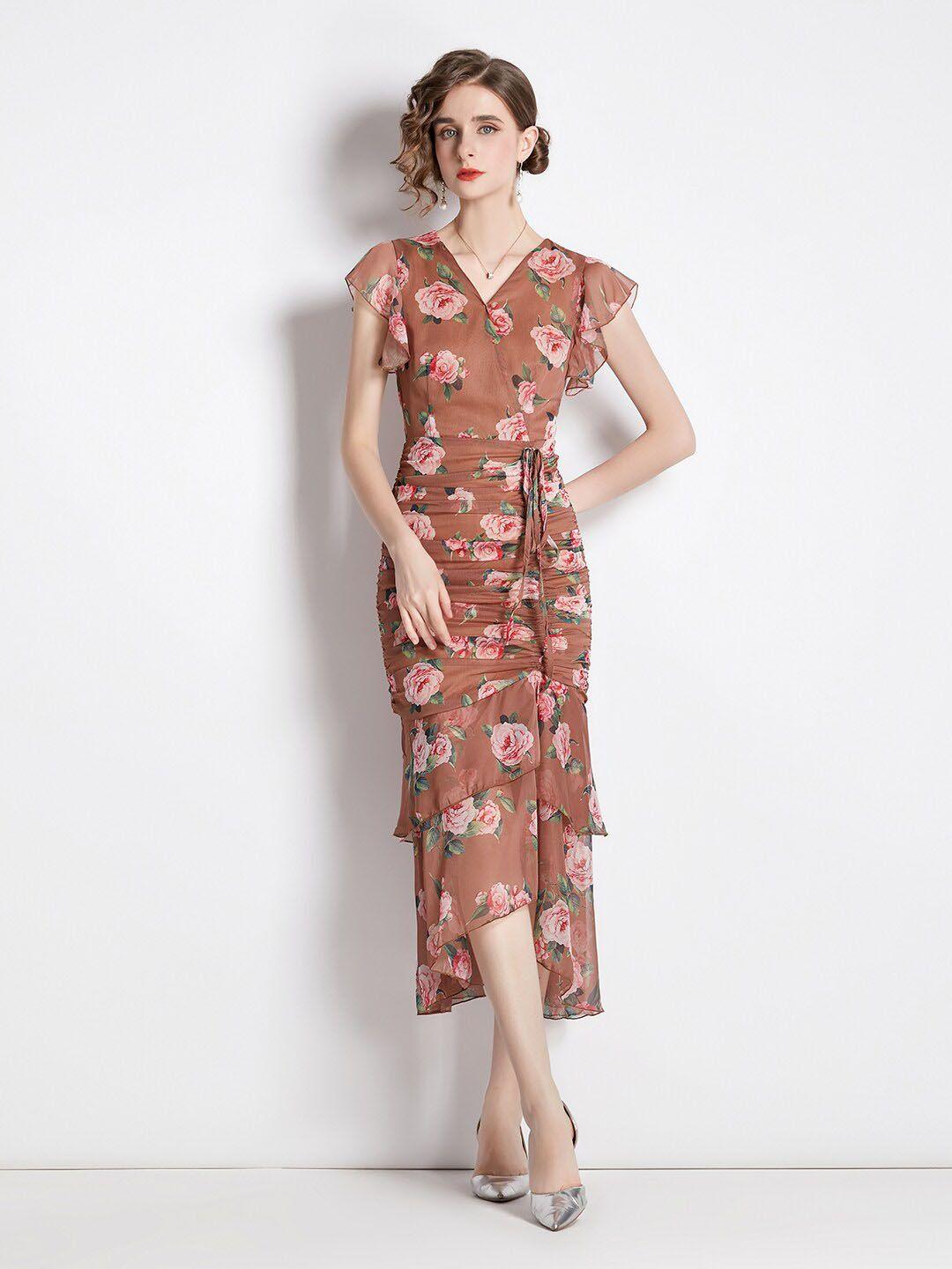 jc collection brown floral midi polyester dress