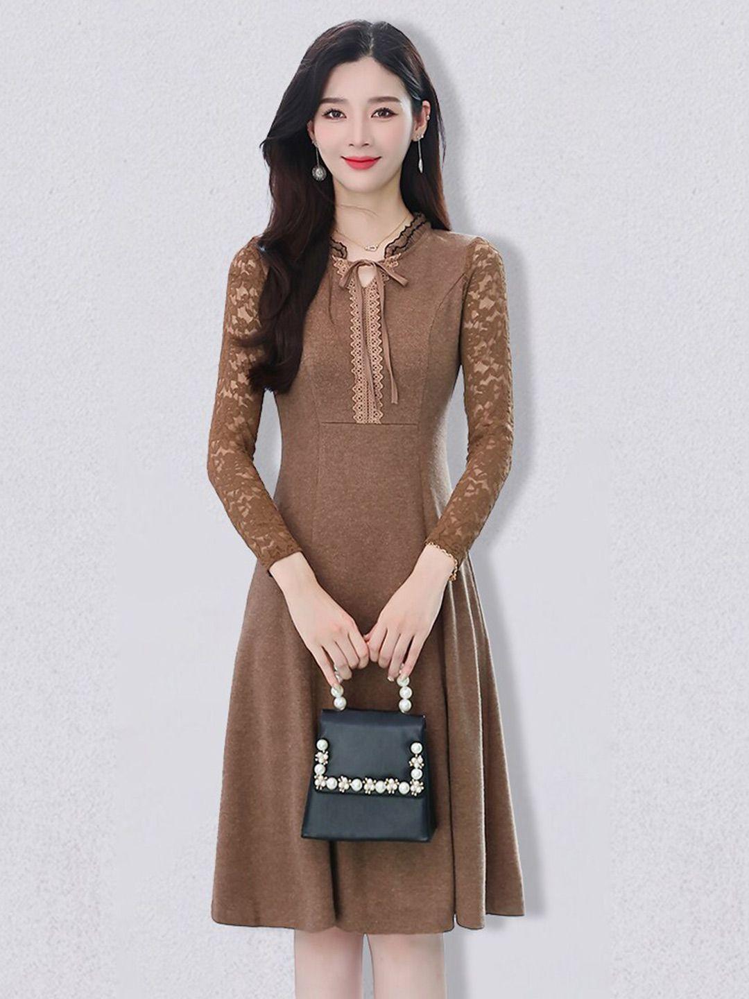 jc collection brown tie-up neck a-line dress