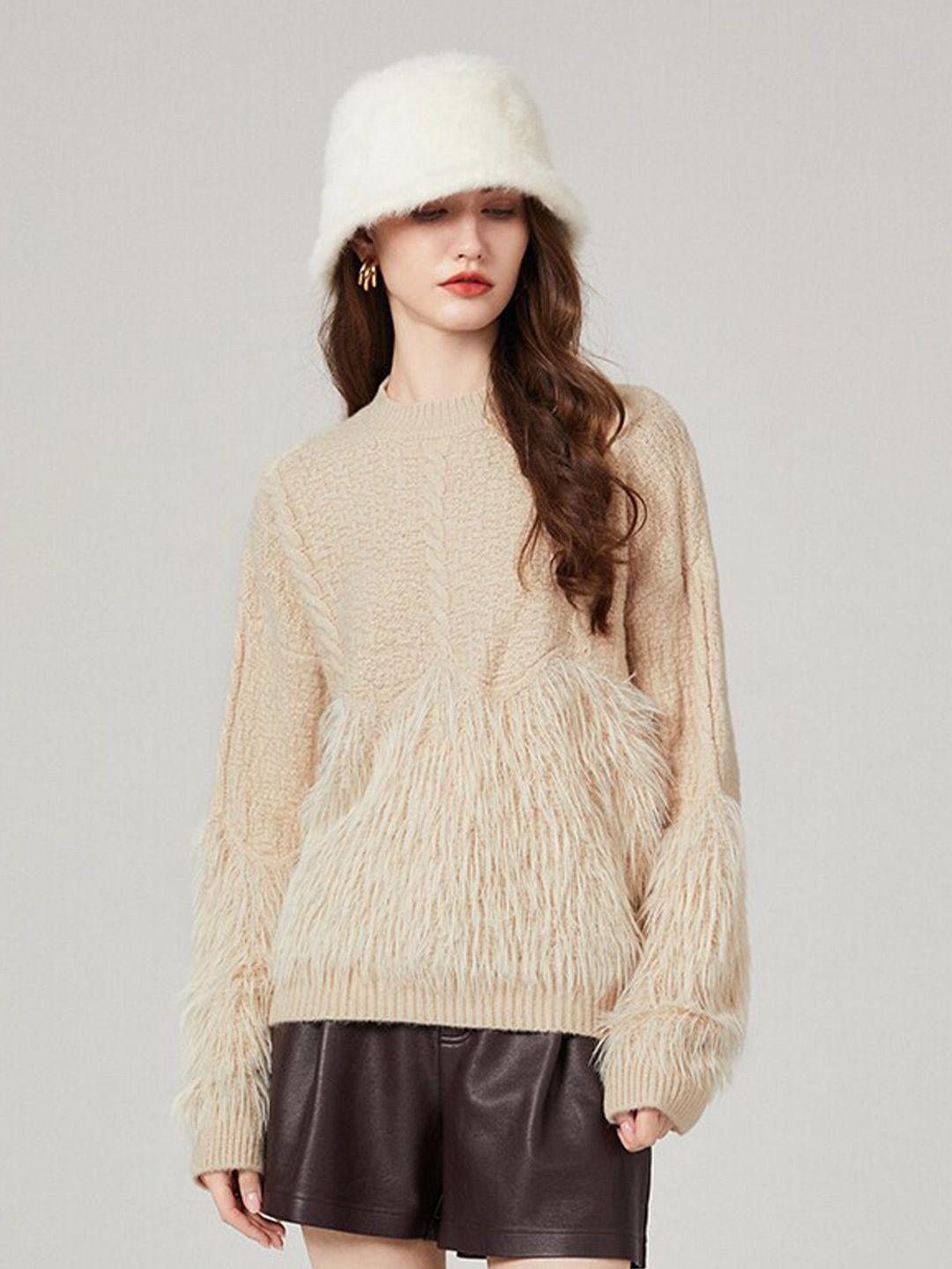 jc collection cable knit self design fuzzy detail pullover