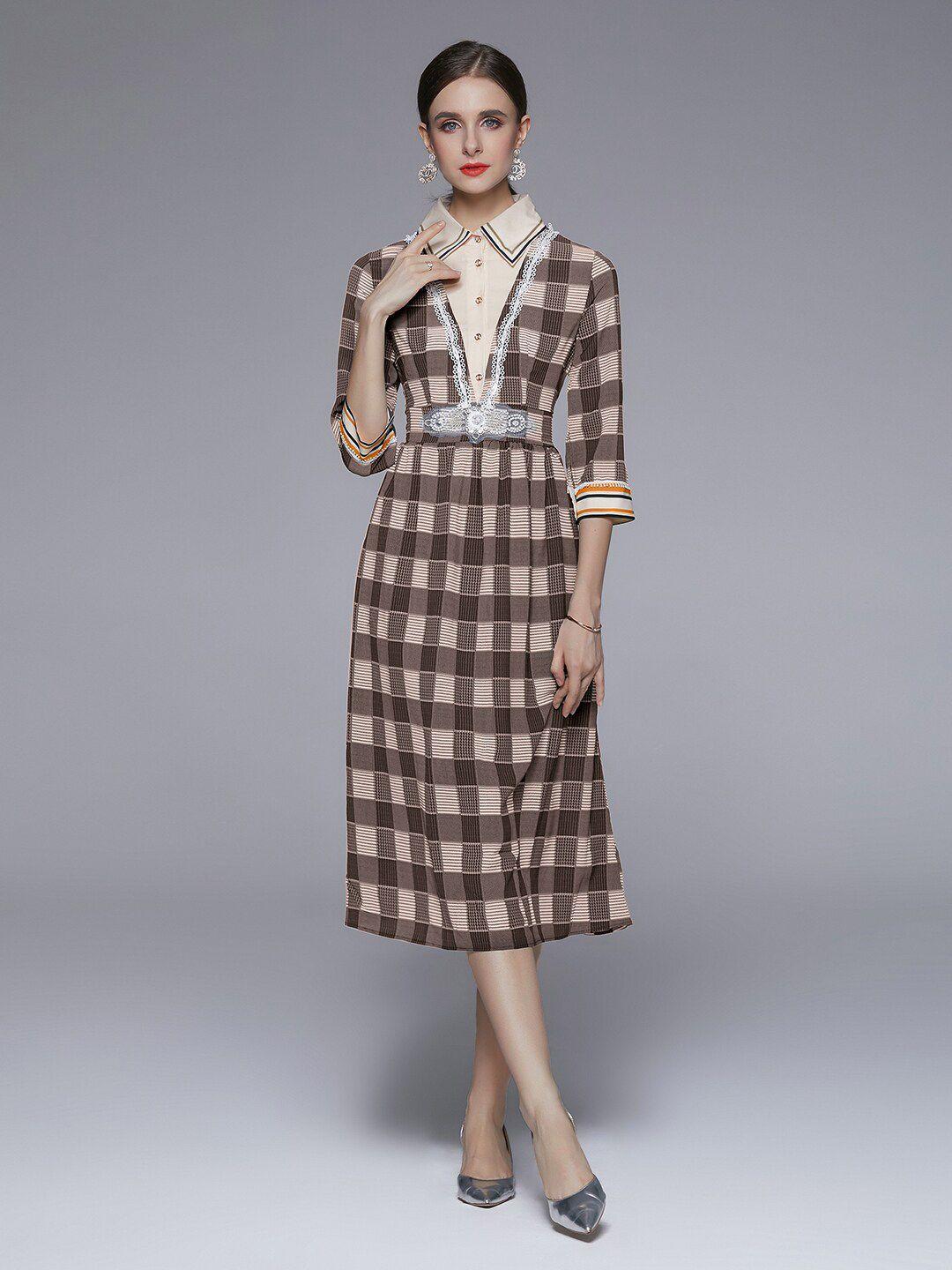 jc collection checked a-line shirt collar lace insert midi dress