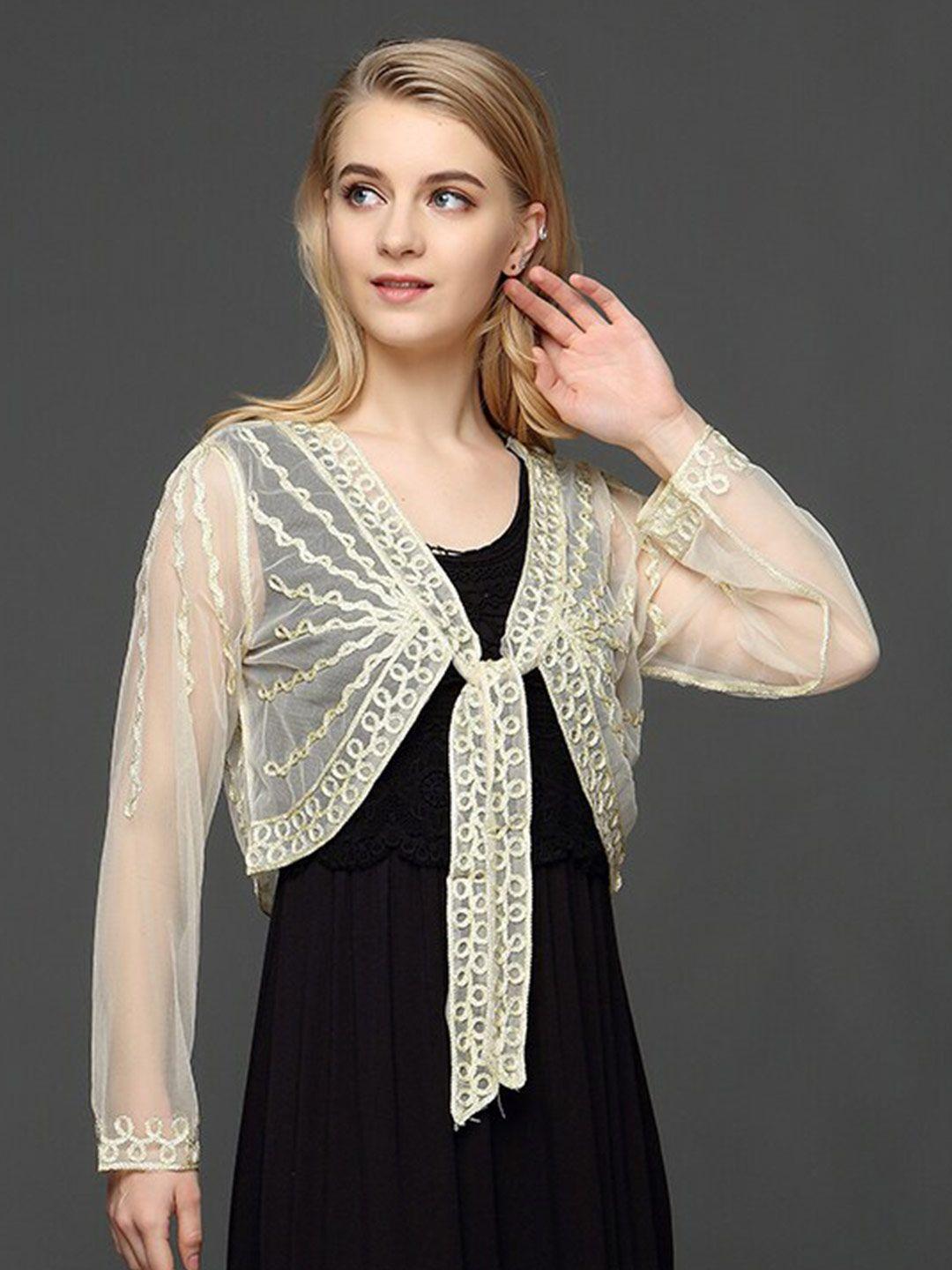 jc collection embroidered crop sheer tie-up shrug