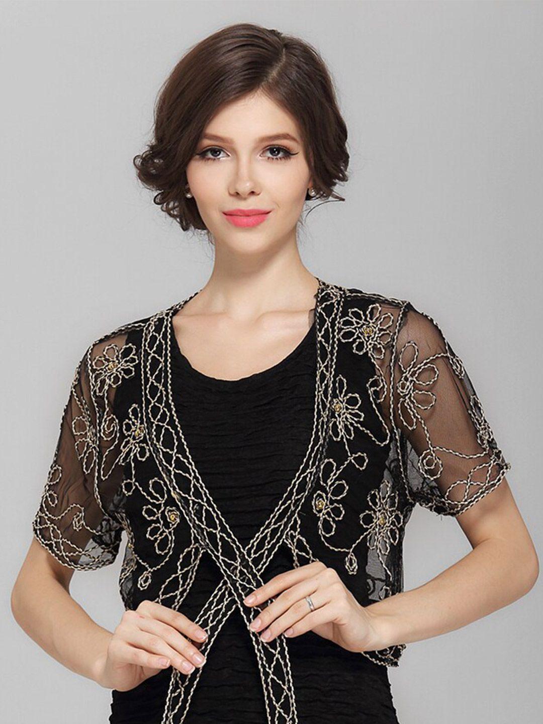 jc collection embroidered crop sheer tie-up shrug