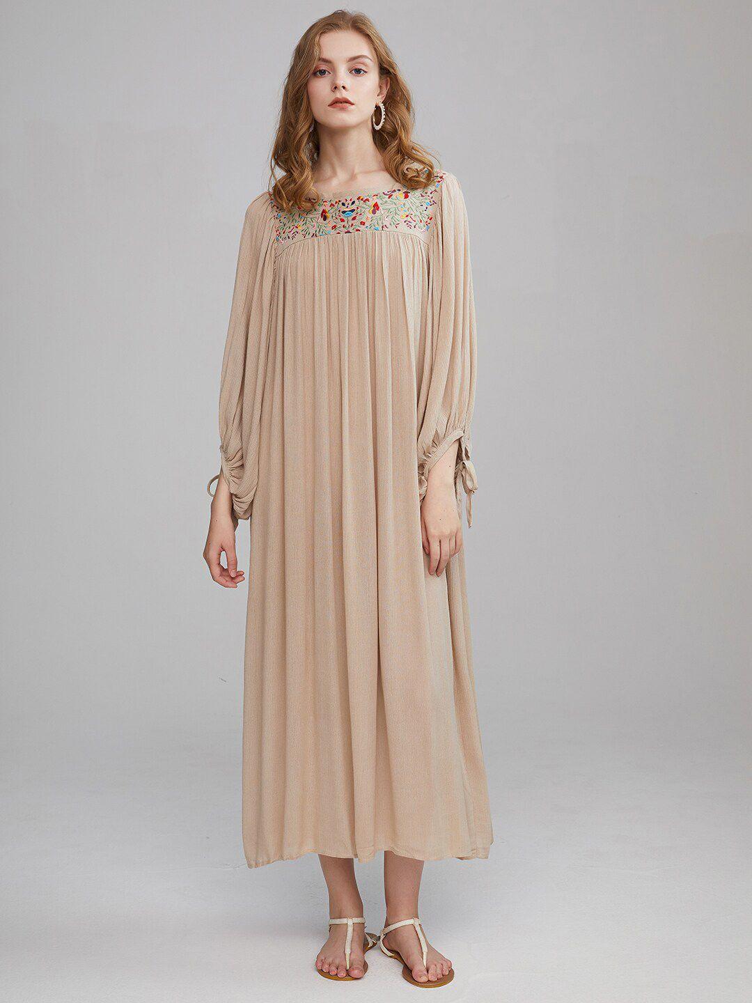 jc collection embroidered puff sleeve gathered a- line maxi dress
