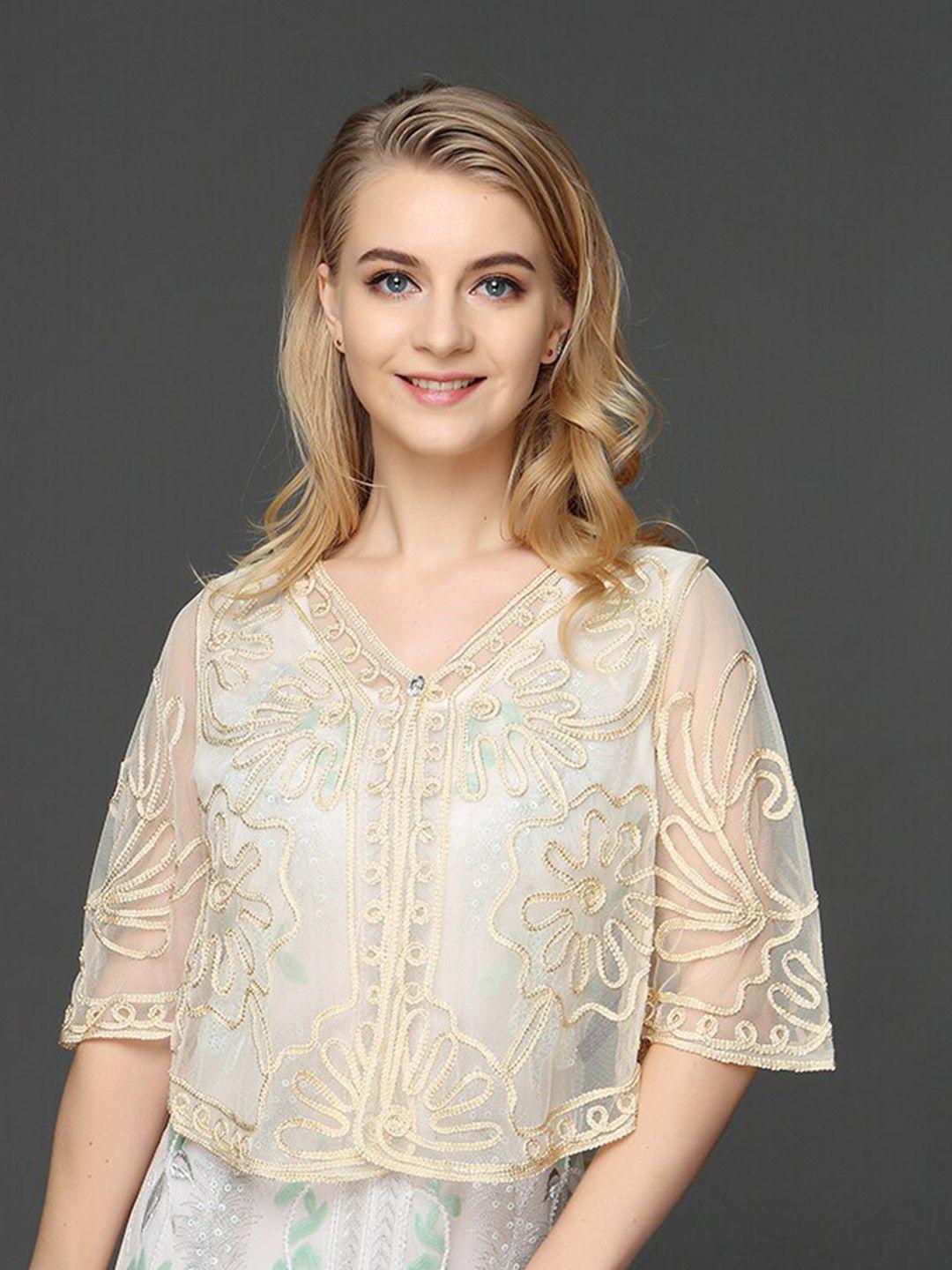 jc collection embroidered sheer crop button shrug