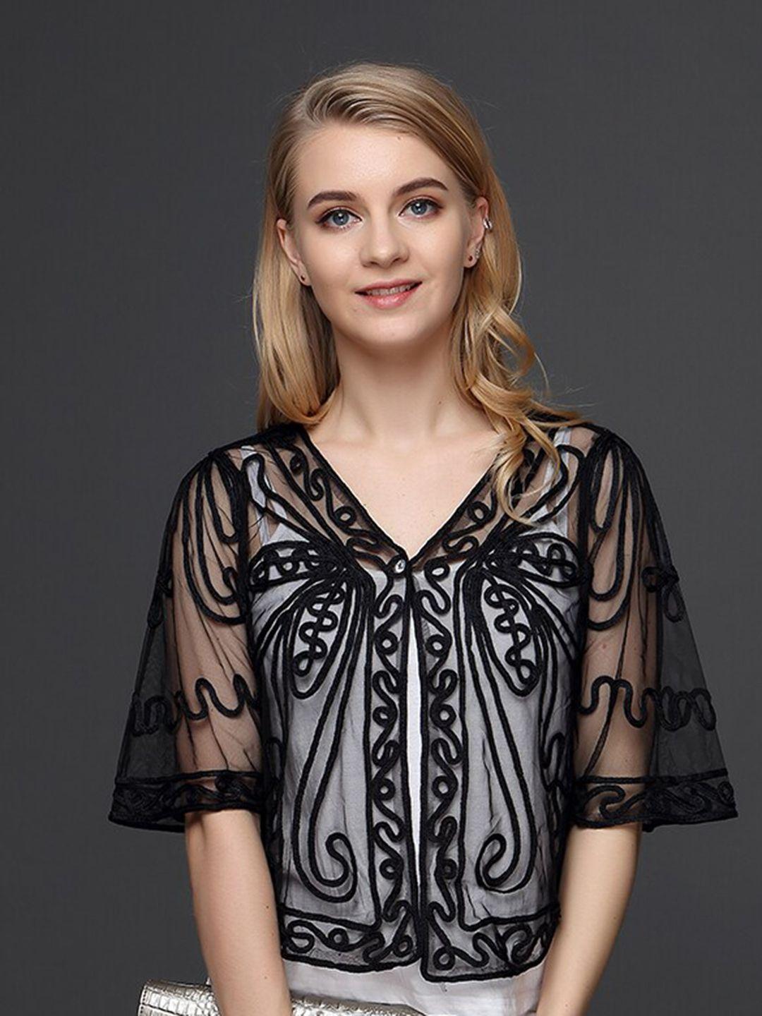 jc collection embroidered sheer crop button shrug