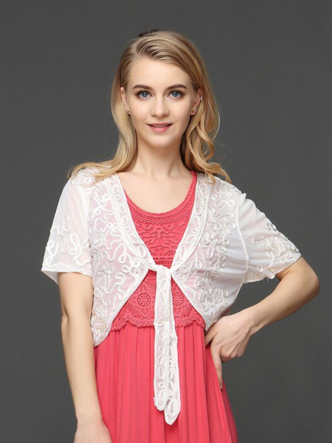 jc collection embroidered short sleeves crop tie-up shrug