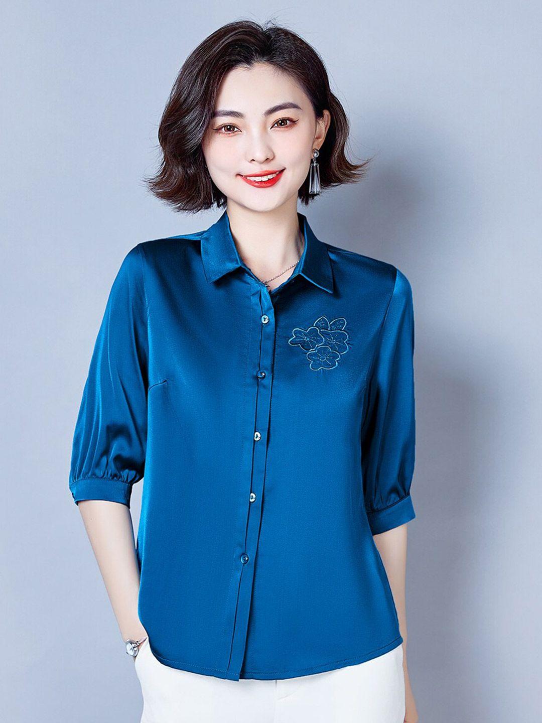 jc collection embroidered spread collar cuffed sleeve regular shirt