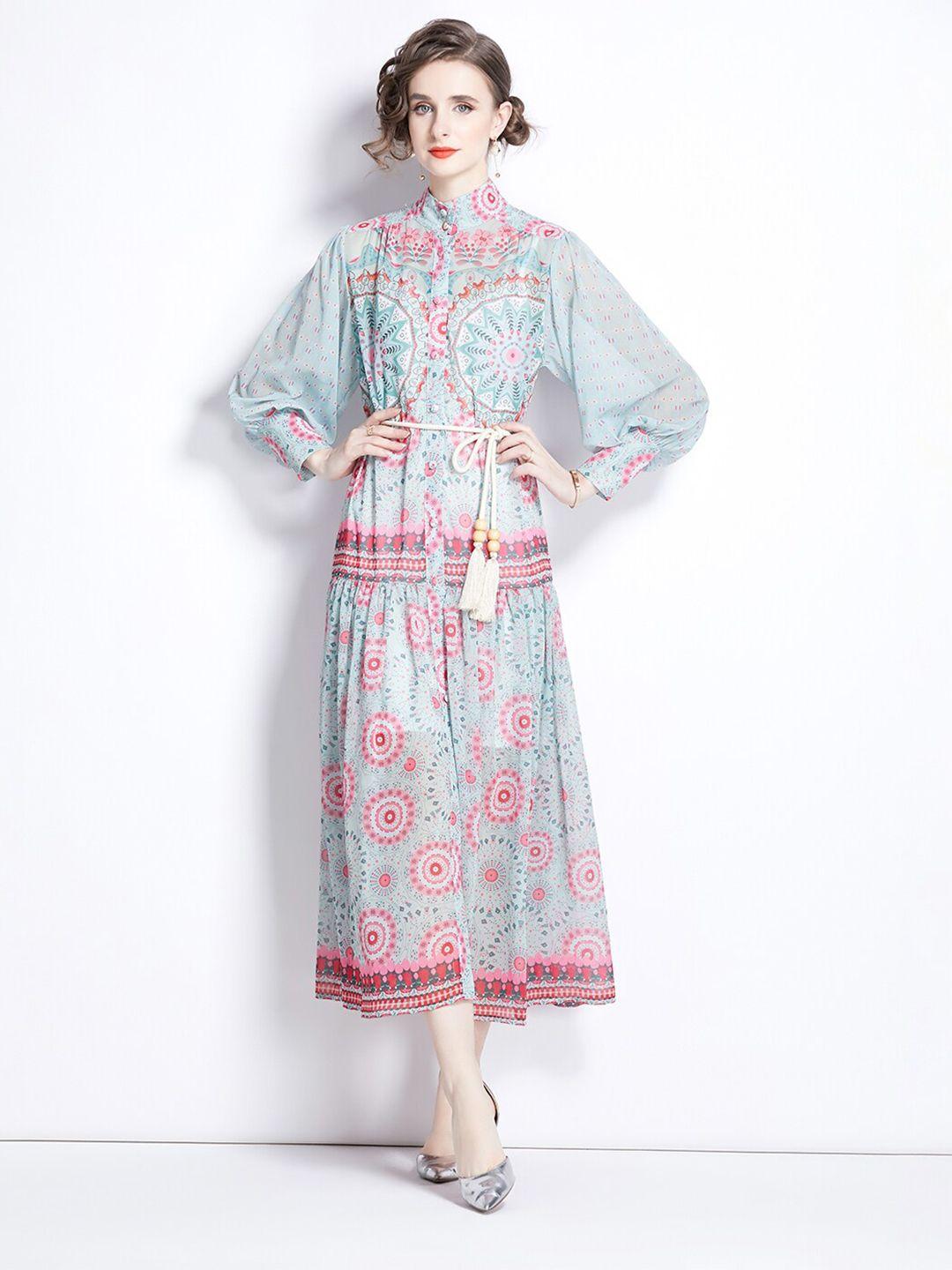 jc collection ethnic motif printed bishop sleeves a-line dress