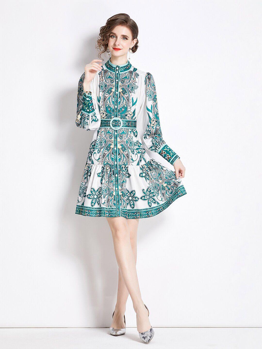 jc collection ethnic motifs printed high neck puff sleeve pleated fit & flare dress