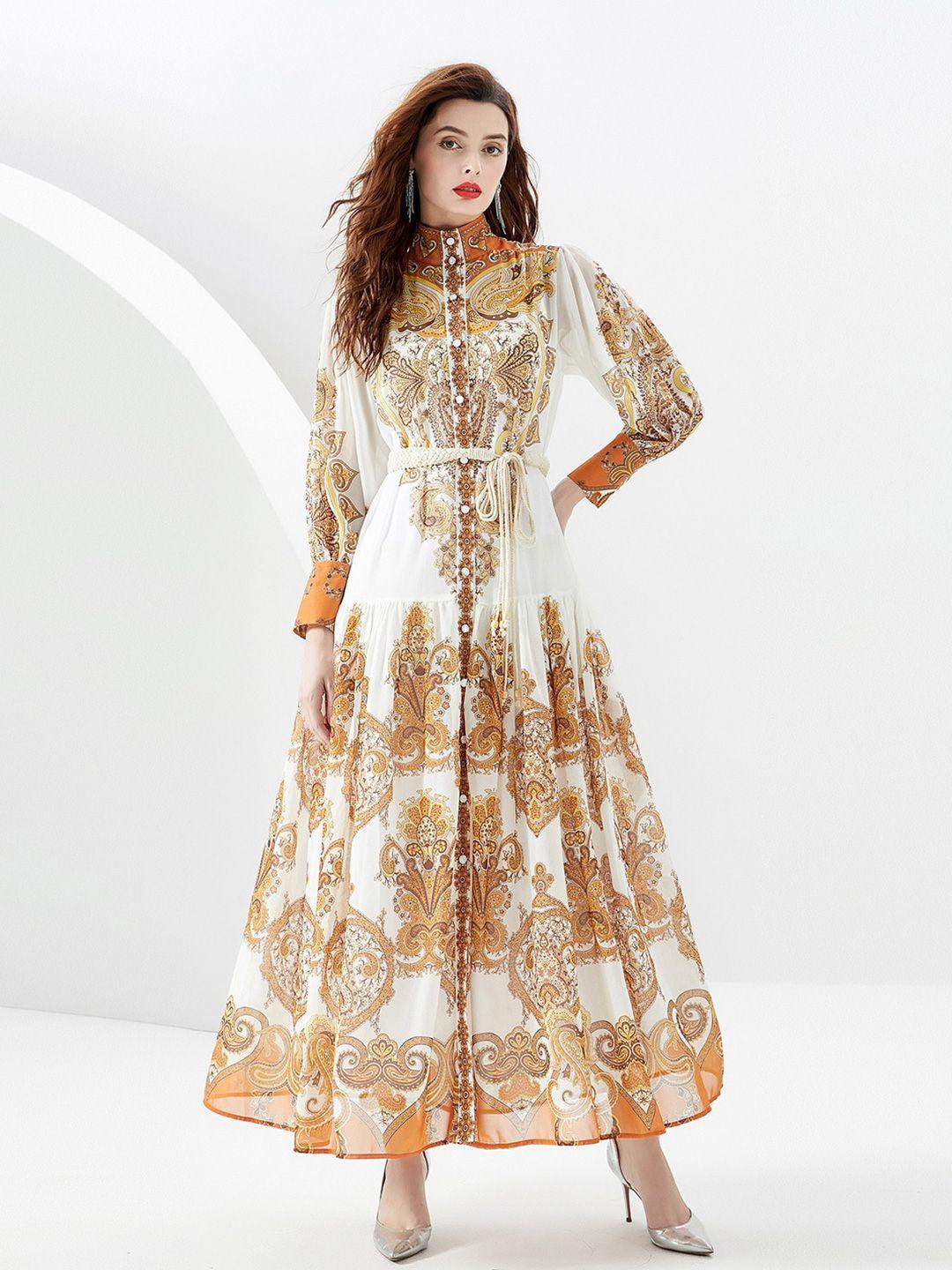 jc collection ethnic motifs printed mock neck belted fit & flare dress