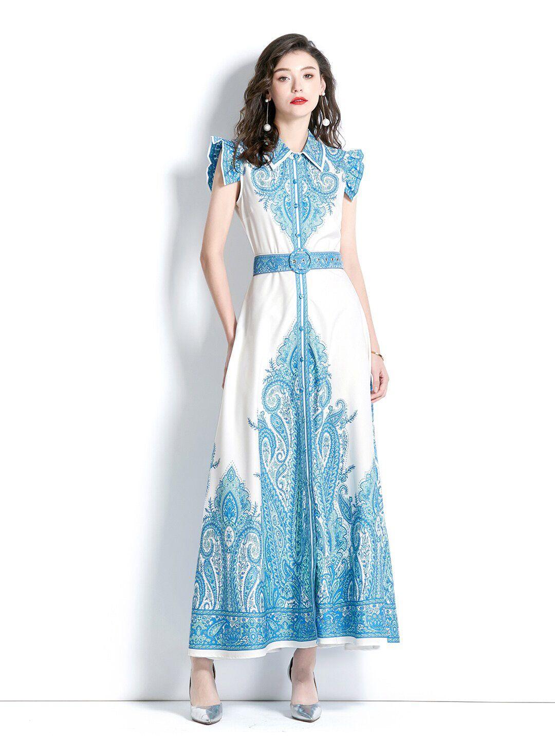 jc collection ethnic motifs printed shirt collar maxi dress with belt