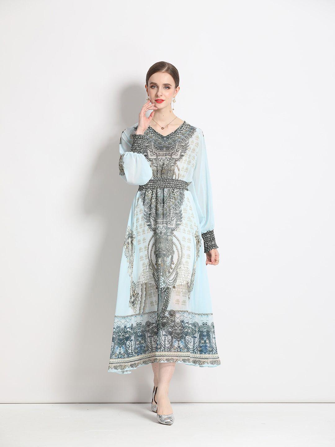 jc collection ethnic motifs printed smocked maxi fit & flare dress