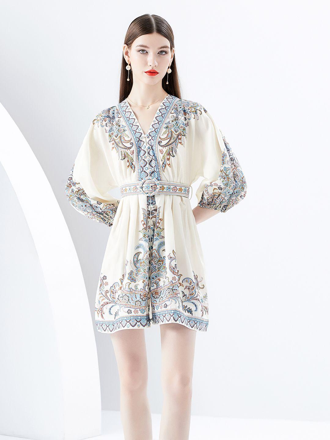 jc collection ethnic motifs printed v-neck puff sleeve fit & flare dress