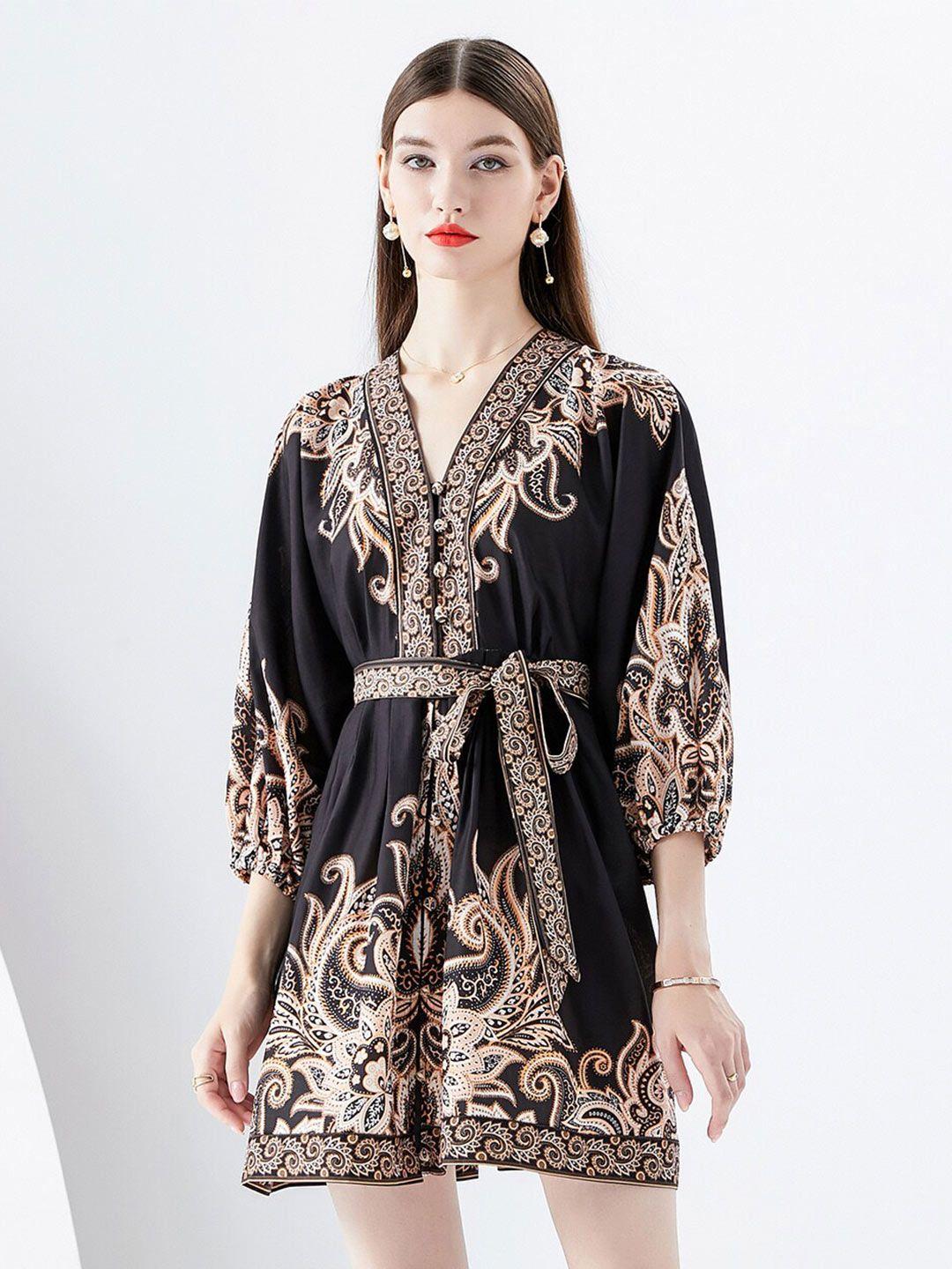 jc collection ethnic motifs printed v-neck puff sleeve tie-ups fit & flare dress