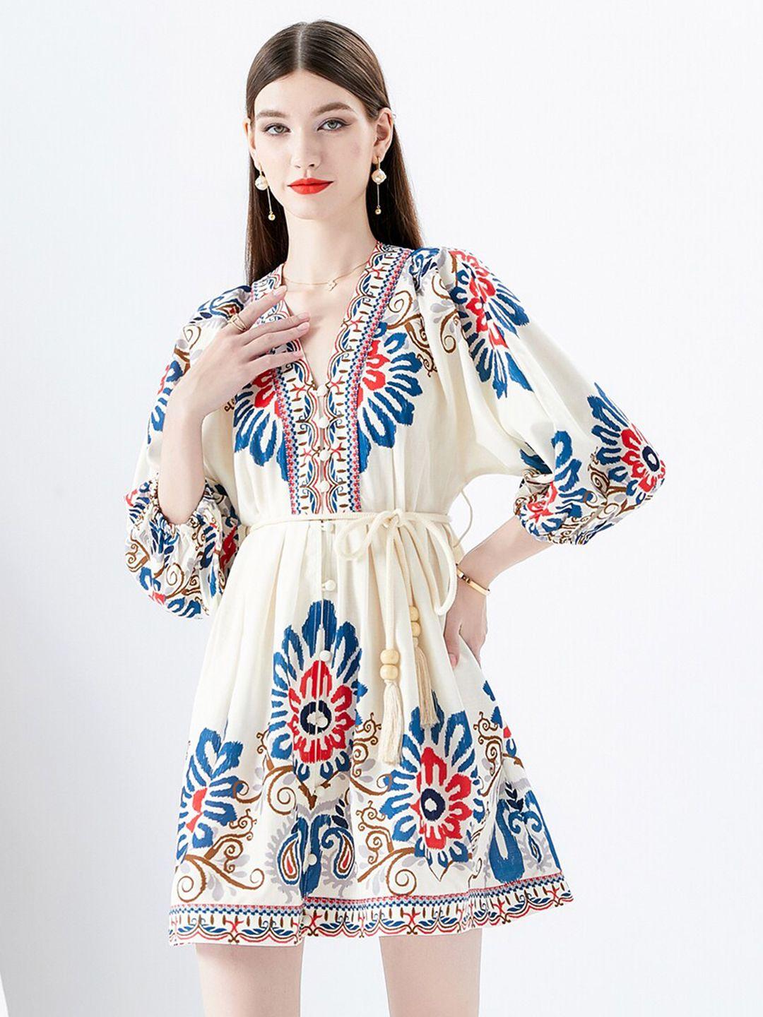 jc collection ethnic motifs printed v-neck puff sleeves belted fit & flare mini dress