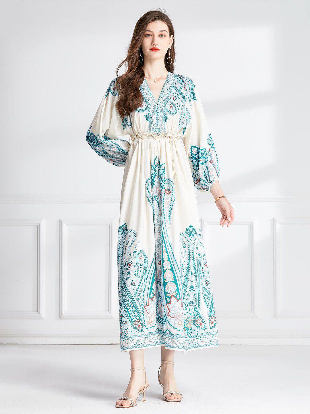 jc collection ethnic motifs printed v-neck puff sleeves gathered maxi dress