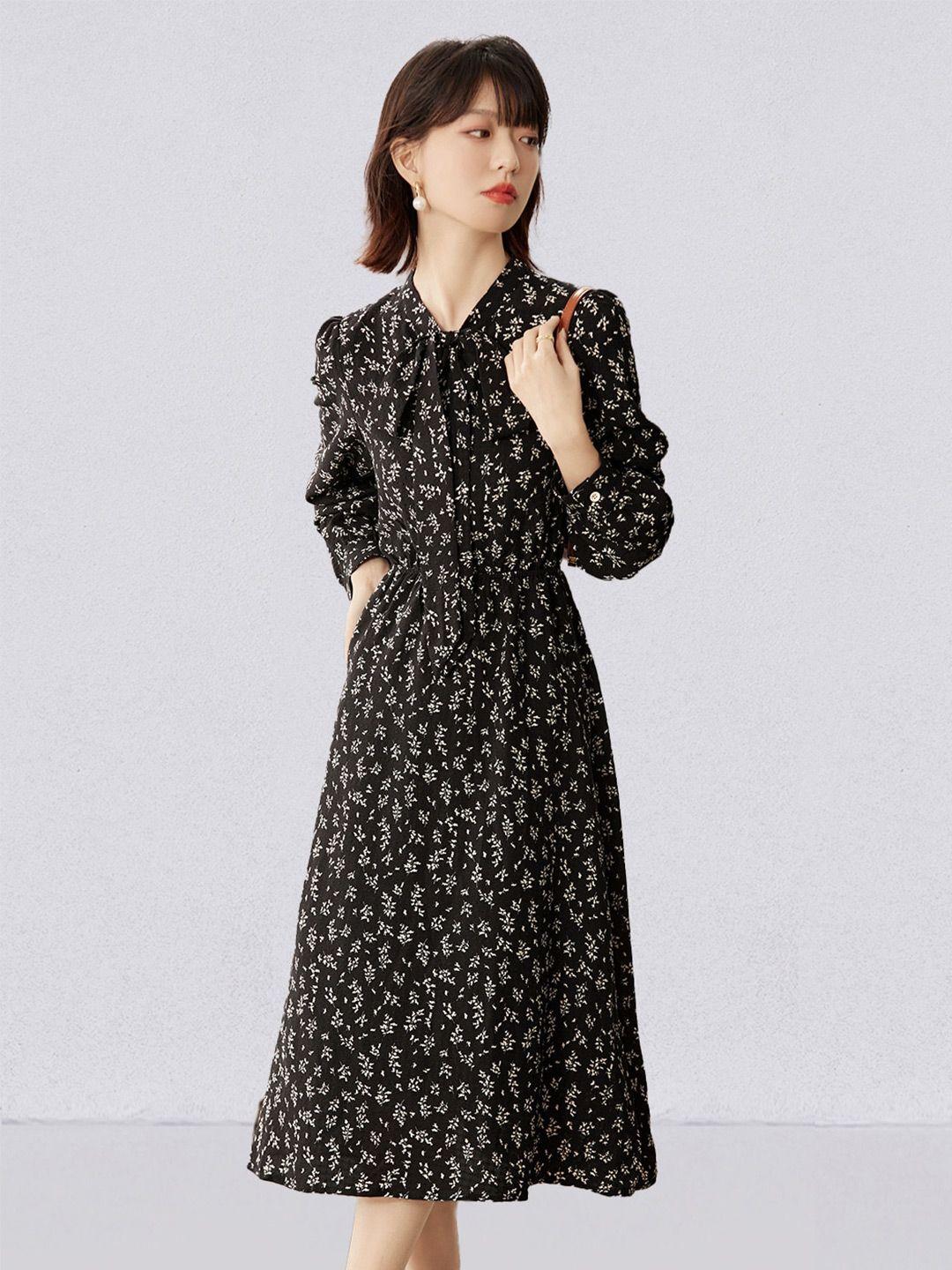 jc collection floral print tie-up neck puff sleeve a-line midi dress