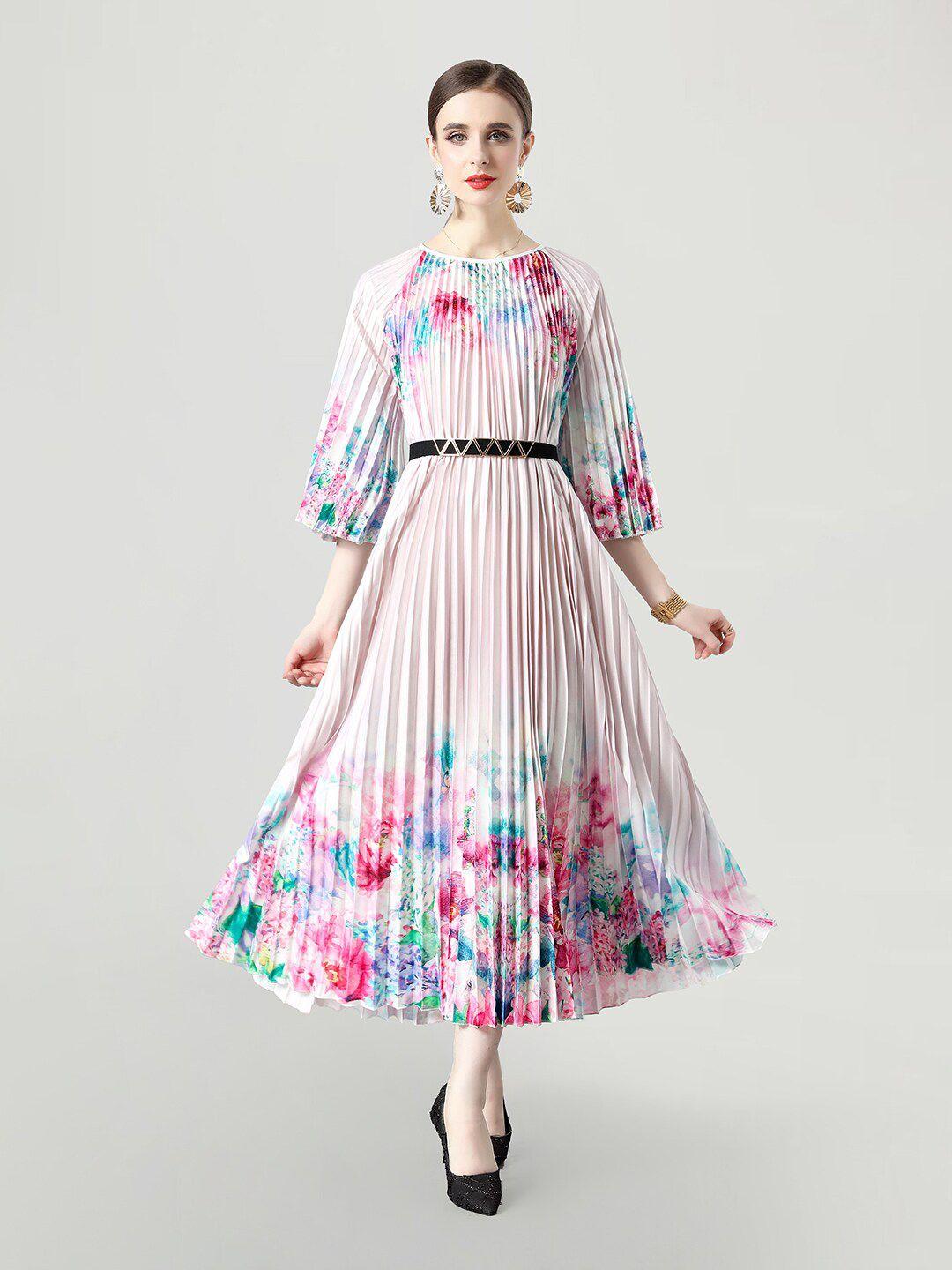 jc collection floral printed accordion pleats flared sleeve fit & flare midi dress