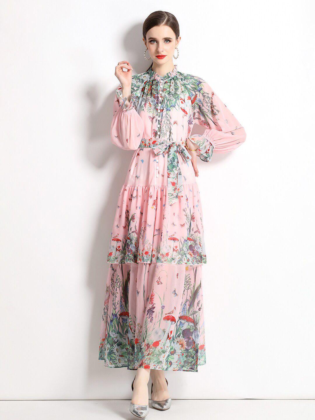 jc collection floral printed bell sleeves gathered fit & flare midi dress