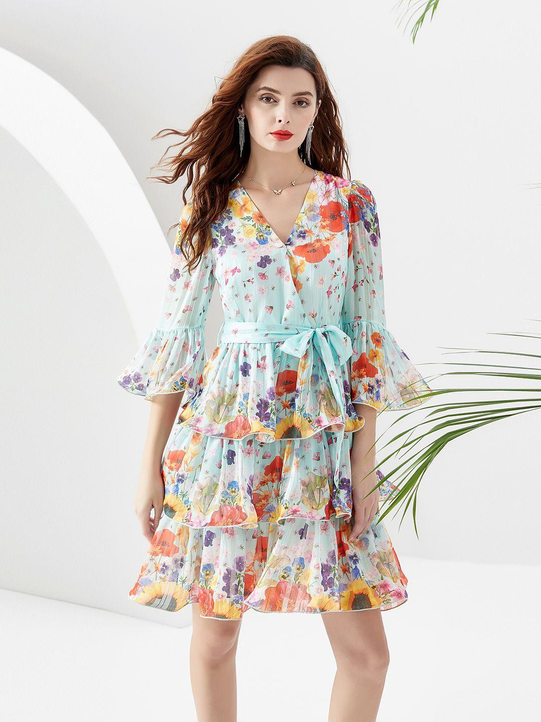 jc collection floral printed bell sleeves tie ups fit & flare dress