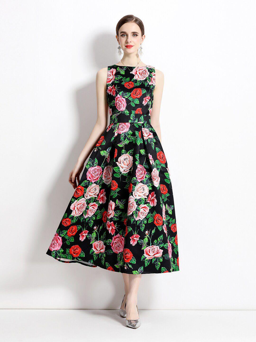 jc collection floral printed boat neck fit & flare maxi dress