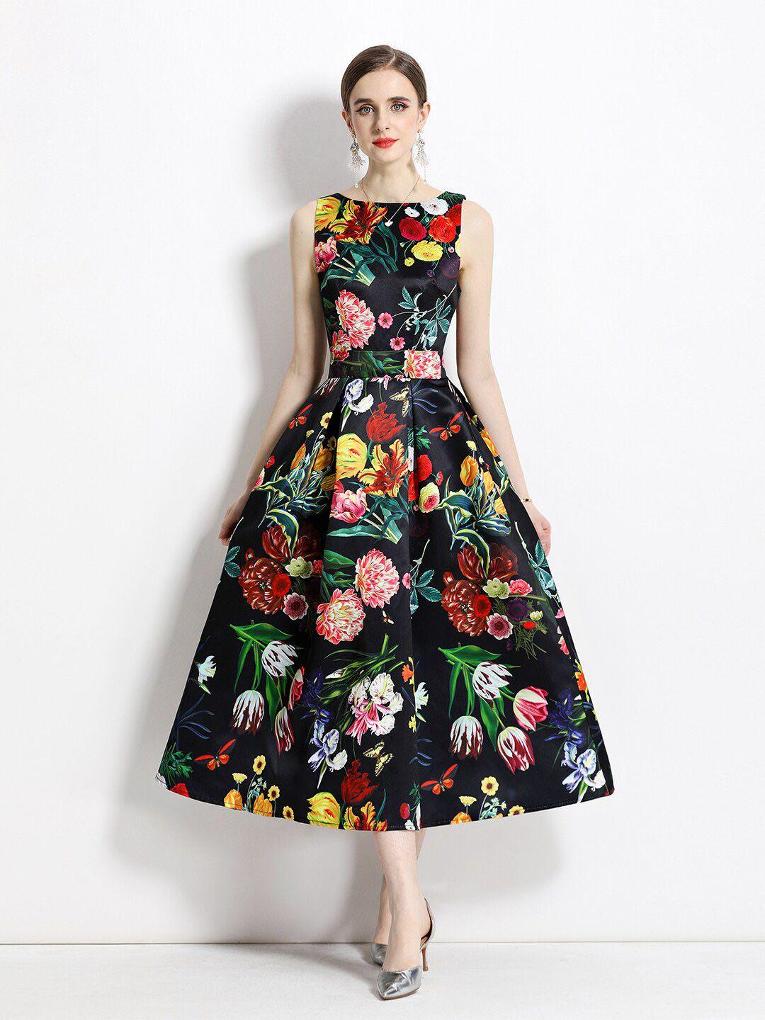 jc collection floral printed boat neck fit & flare midi dress