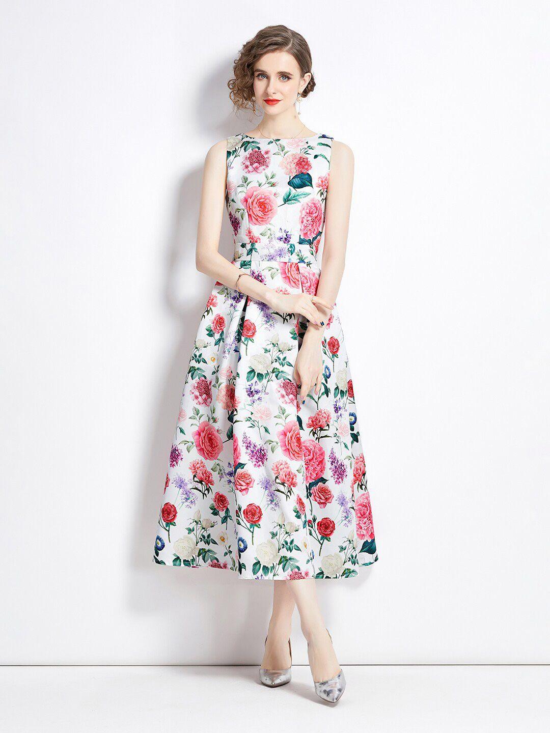 jc collection floral printed boat neck fit & flare midi dress