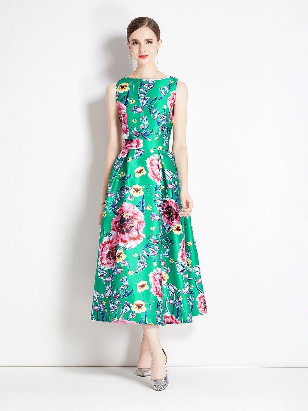 jc collection floral printed boat neck pleated fit & flare midi dress