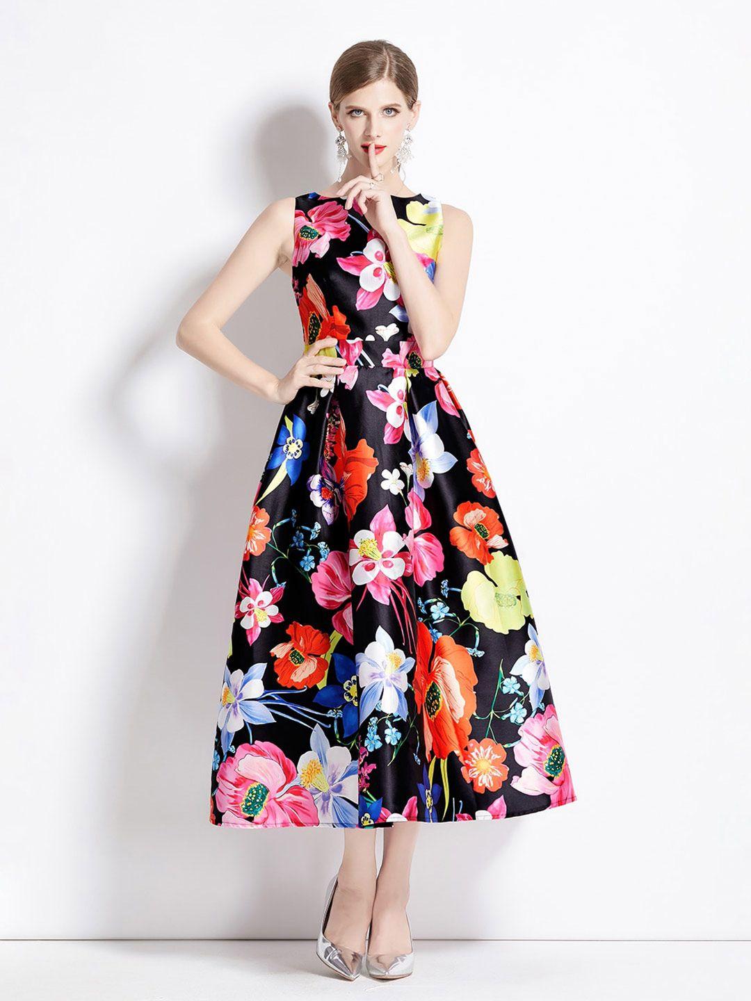 jc collection floral printed boat neck pleated fit & flare midi dress