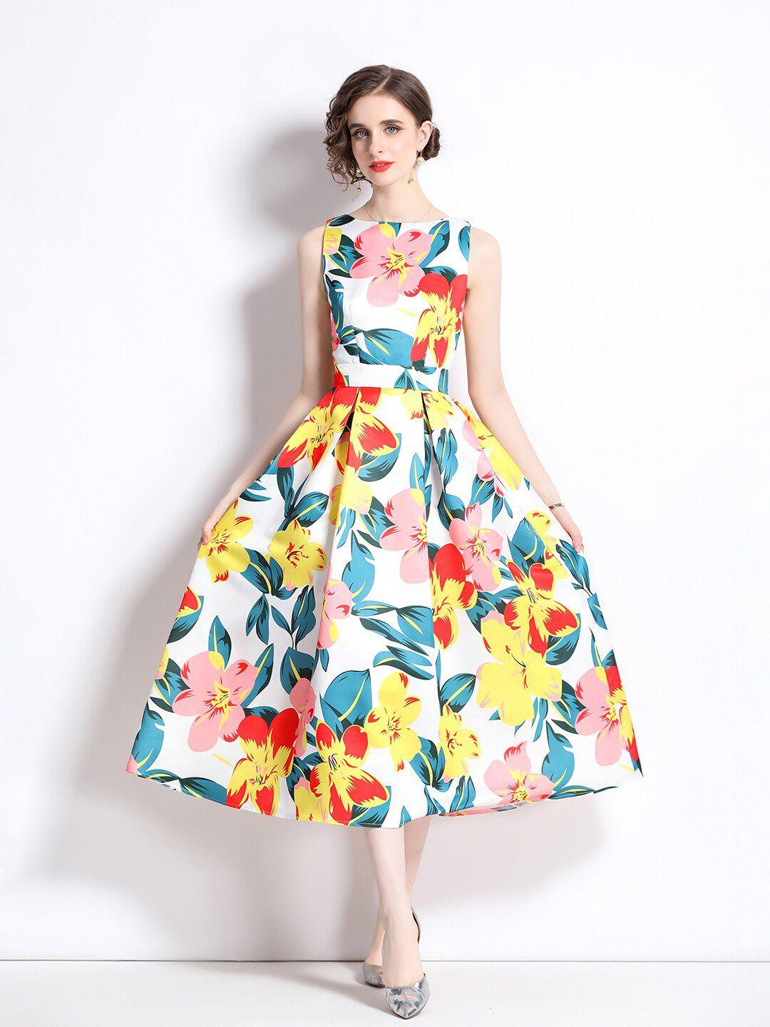 jc collection floral printed boat neck sleeveless pleated fit & flare midi dress