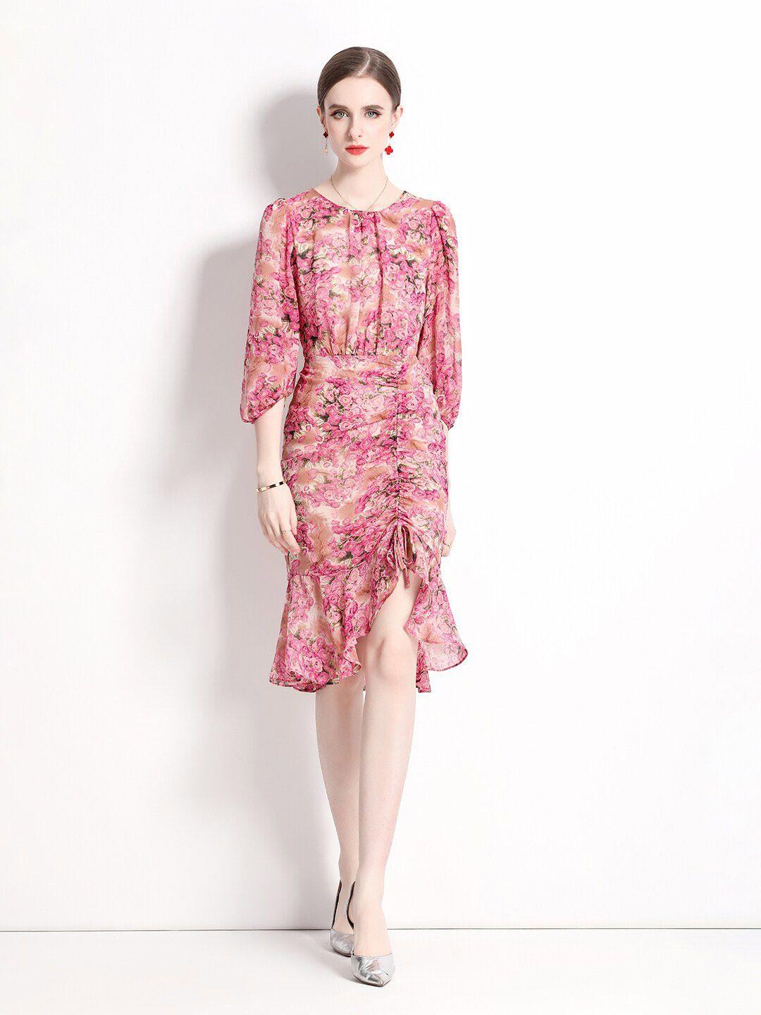 jc collection floral printed cuffed sleeve ruched a-line dress