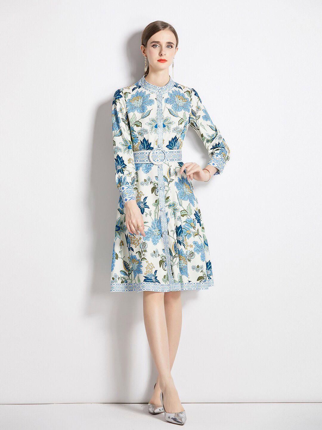 jc collection floral printed cuffed sleeves a-line dress with belt