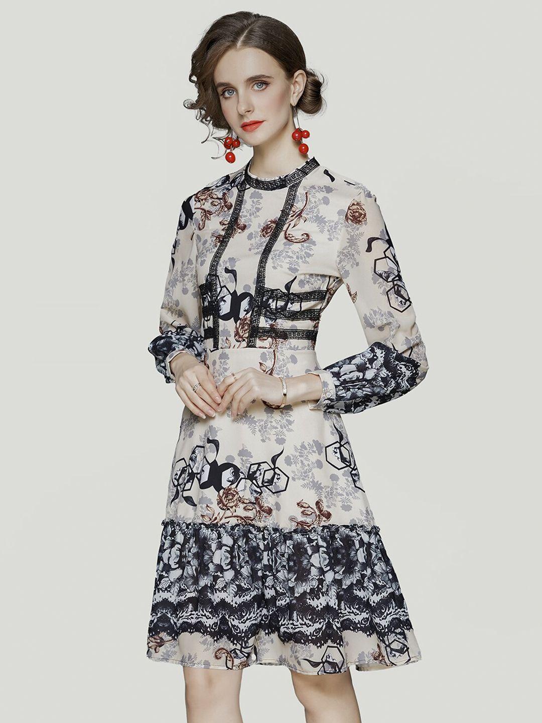 jc collection floral printed cuffed sleeves a-line dress