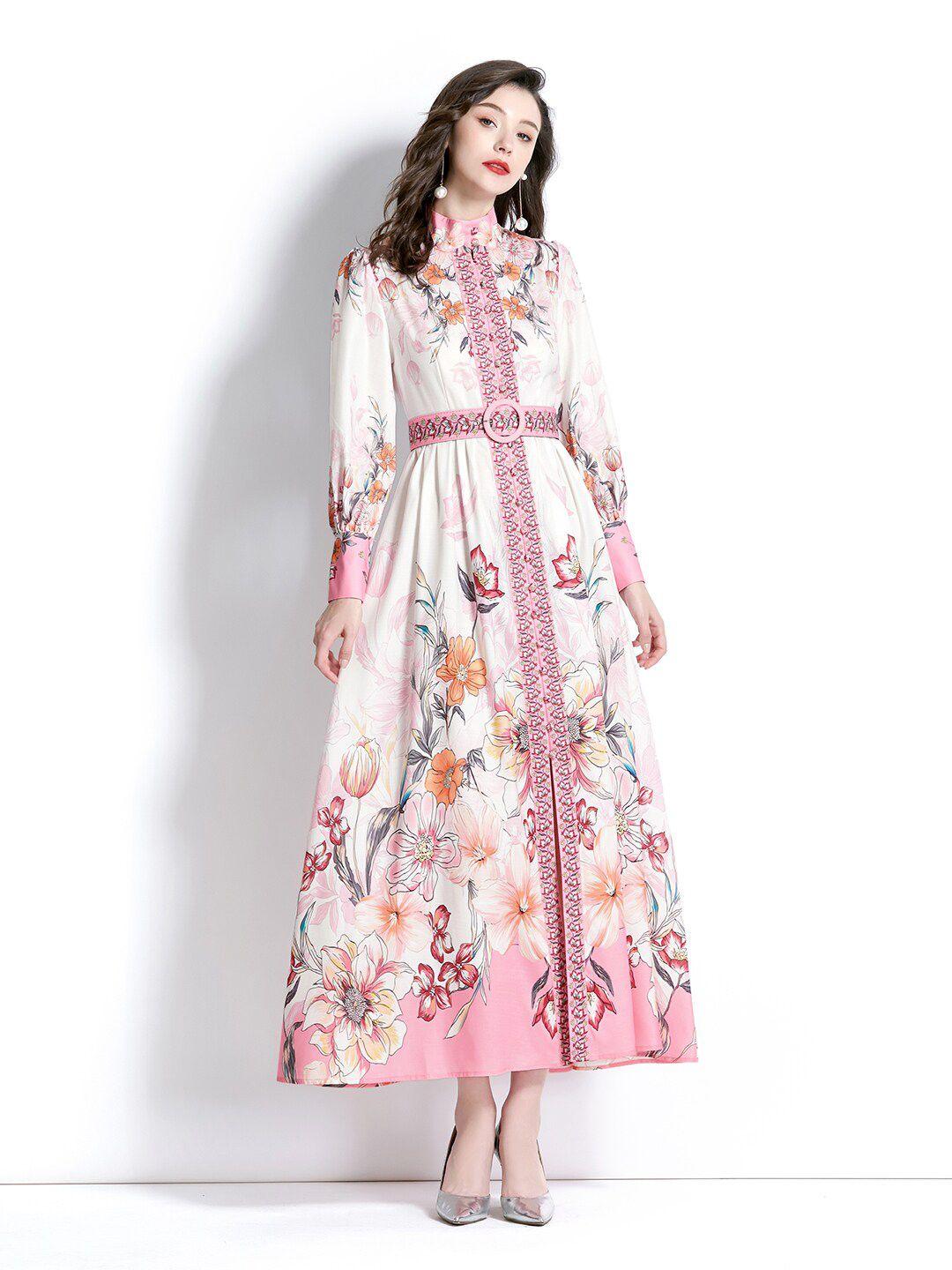 jc collection floral printed cuffed sleeves a-line maxi dress