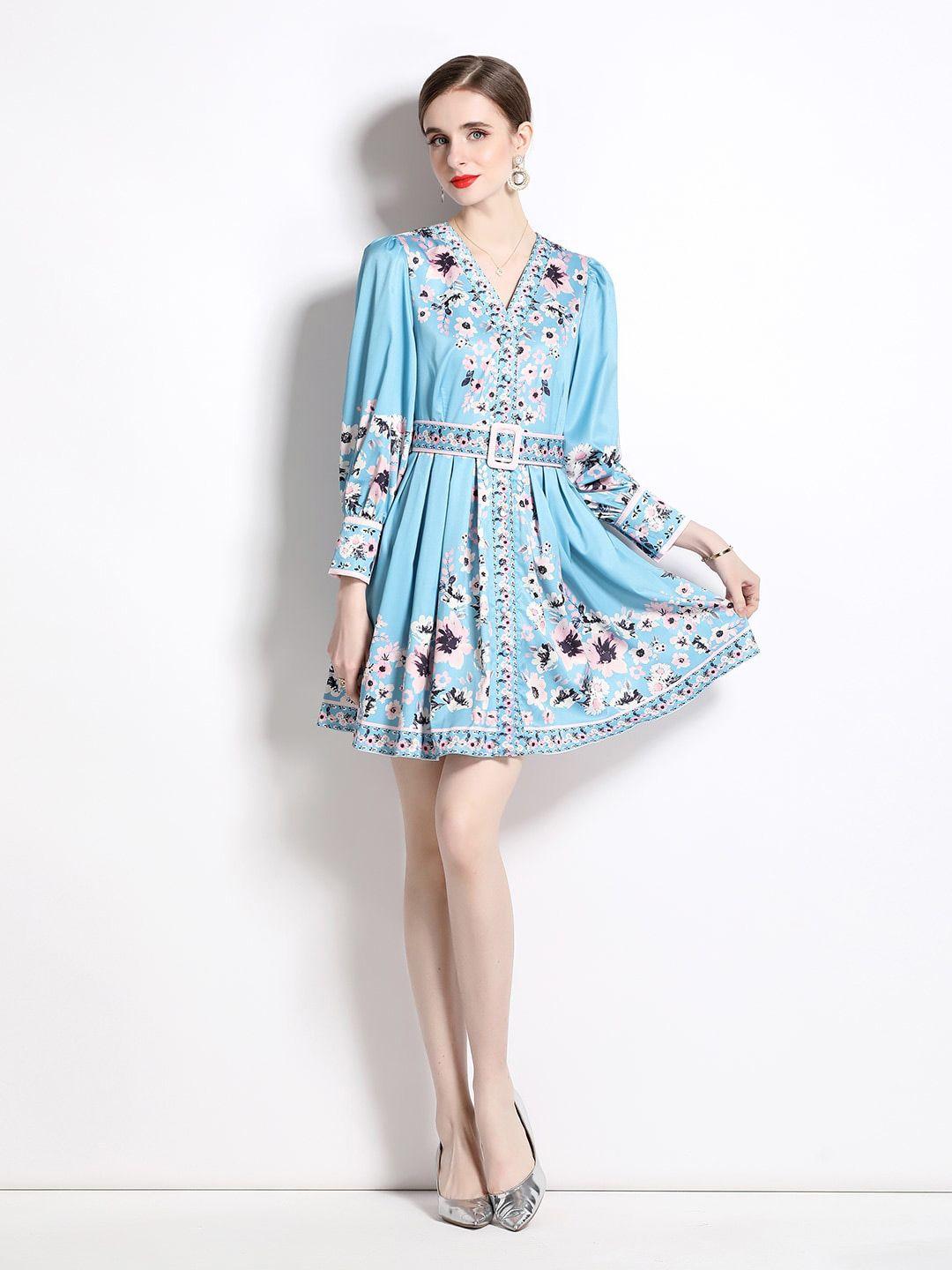 jc collection floral printed cuffed sleeves belted fit & flare dress