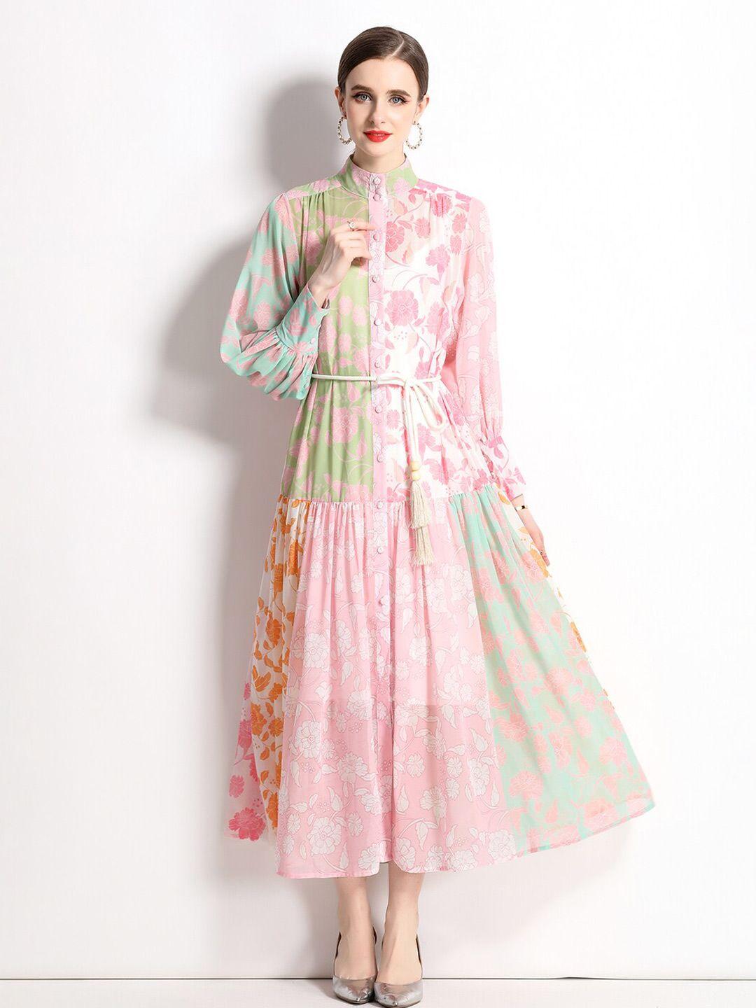 jc collection floral printed cuffed sleeves high neck belted fit & flare maxi dress