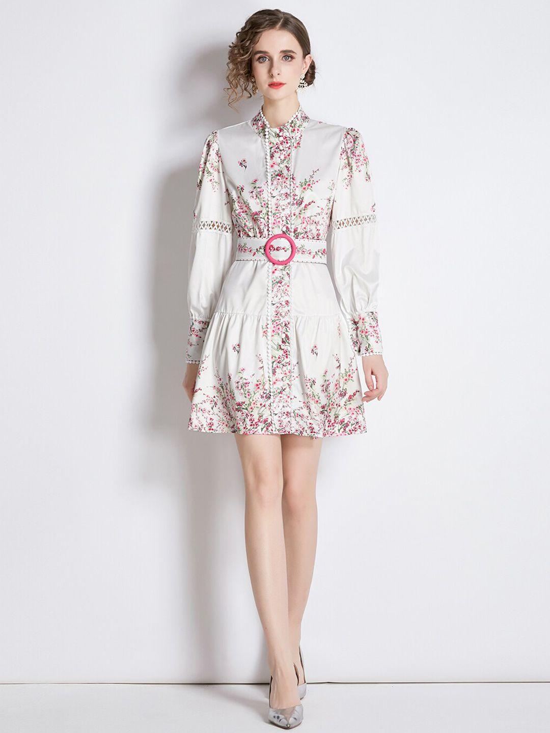 jc collection floral printed high neck cuffed sleeves fit and flare dress