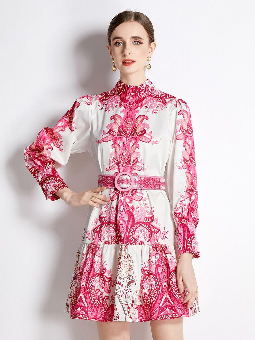 jc collection floral printed high neck cuffed sleeves fit and flare dress