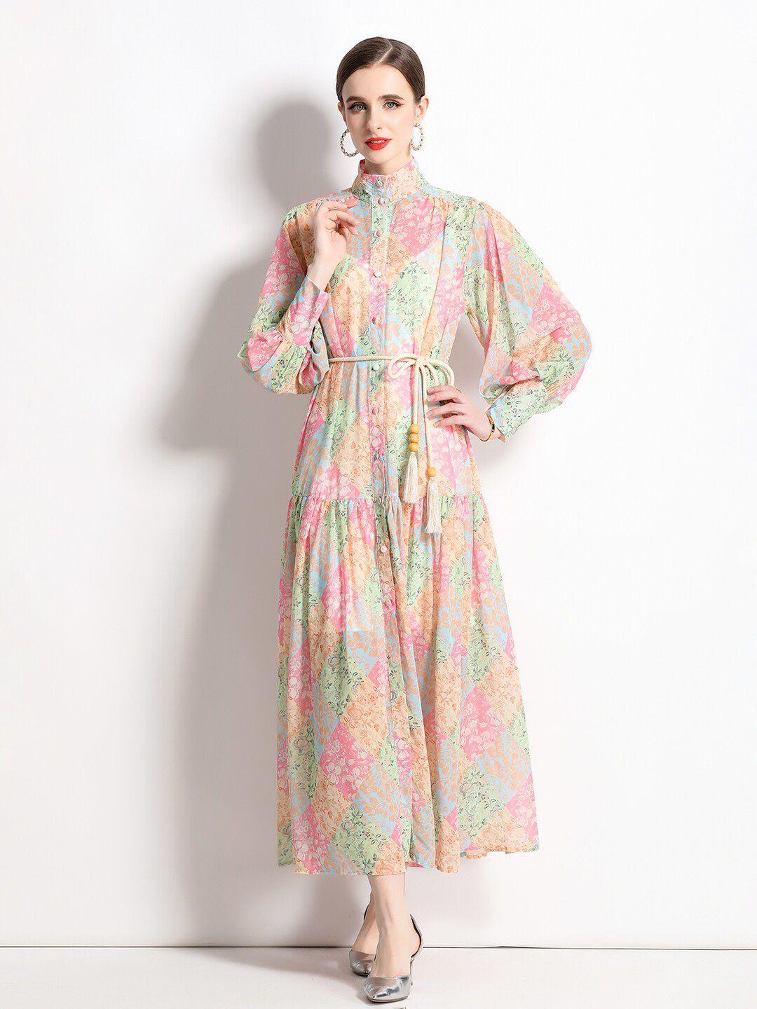 jc collection floral printed high neck cuffed sleeves gathered tiered tie-up maxi dress