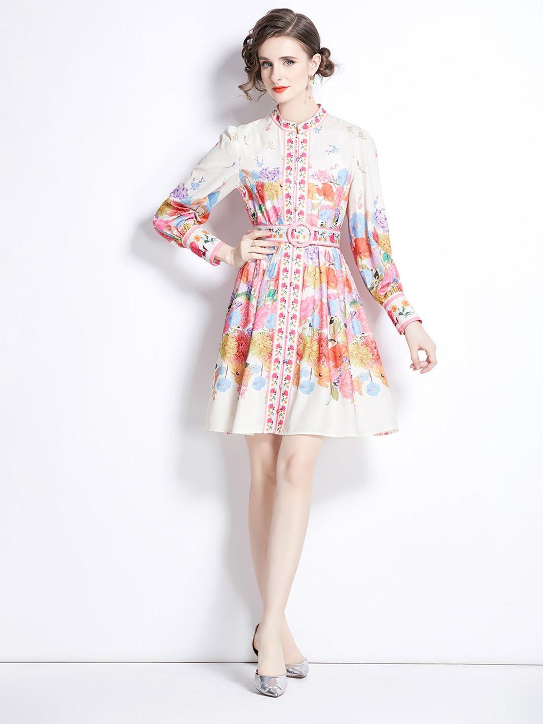 jc collection floral printed high neck gathered belted fit & flare dress