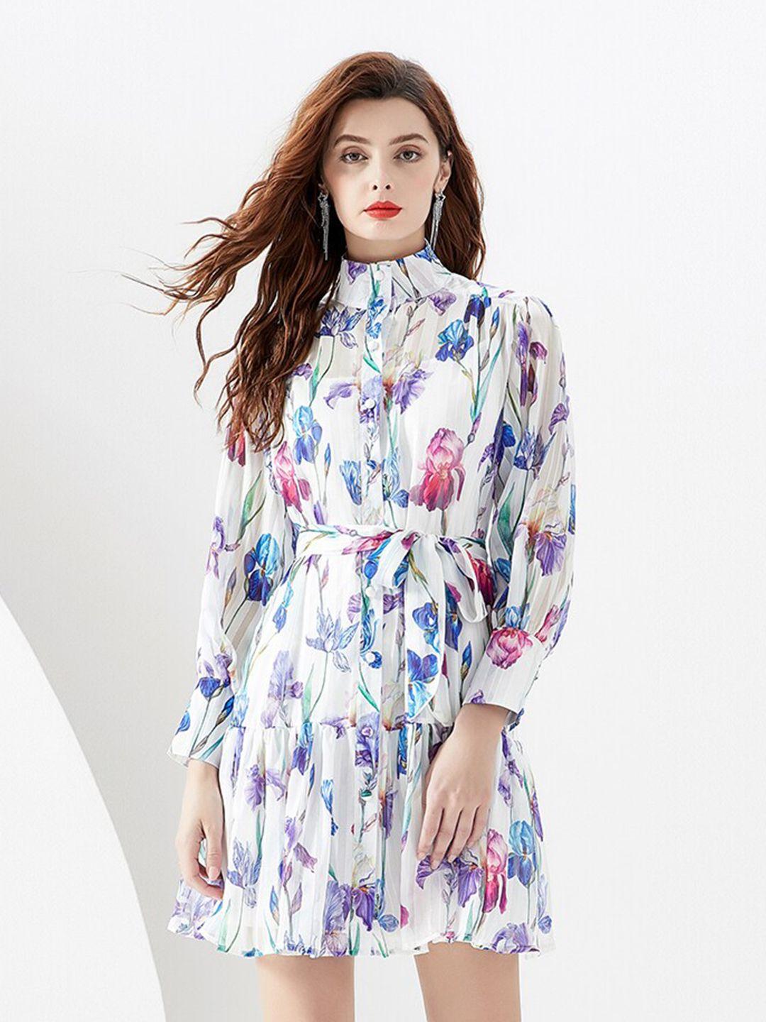 jc collection floral printed high neck puff sleeve fit & flare tie-ups dress