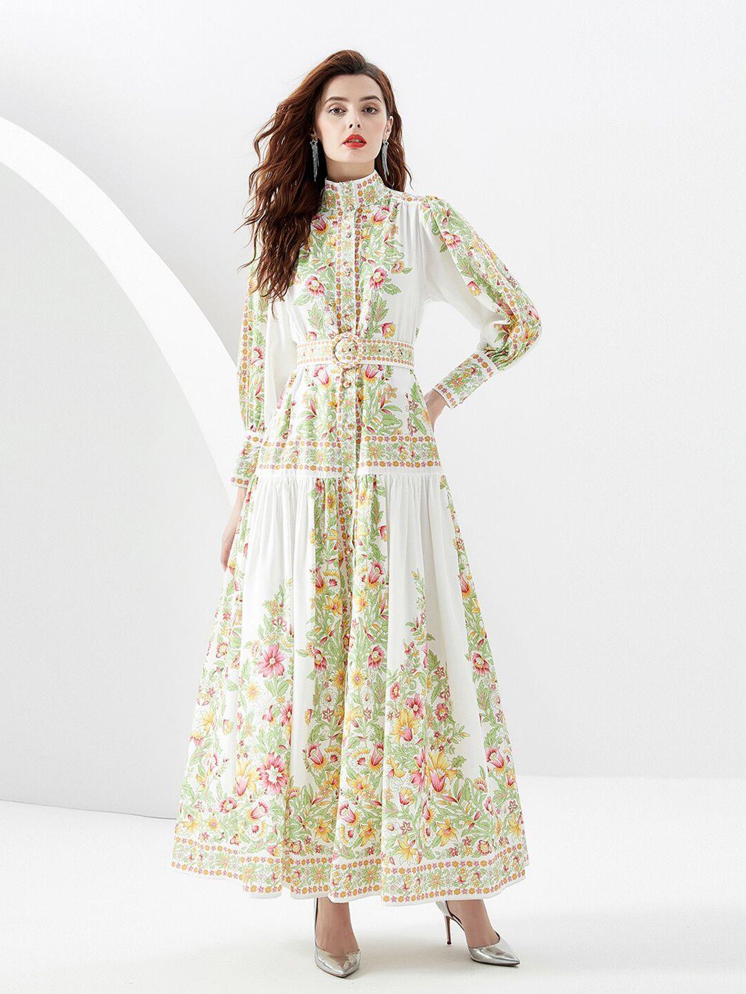 jc collection floral printed high neck puff sleeves fit & flare maxi dress