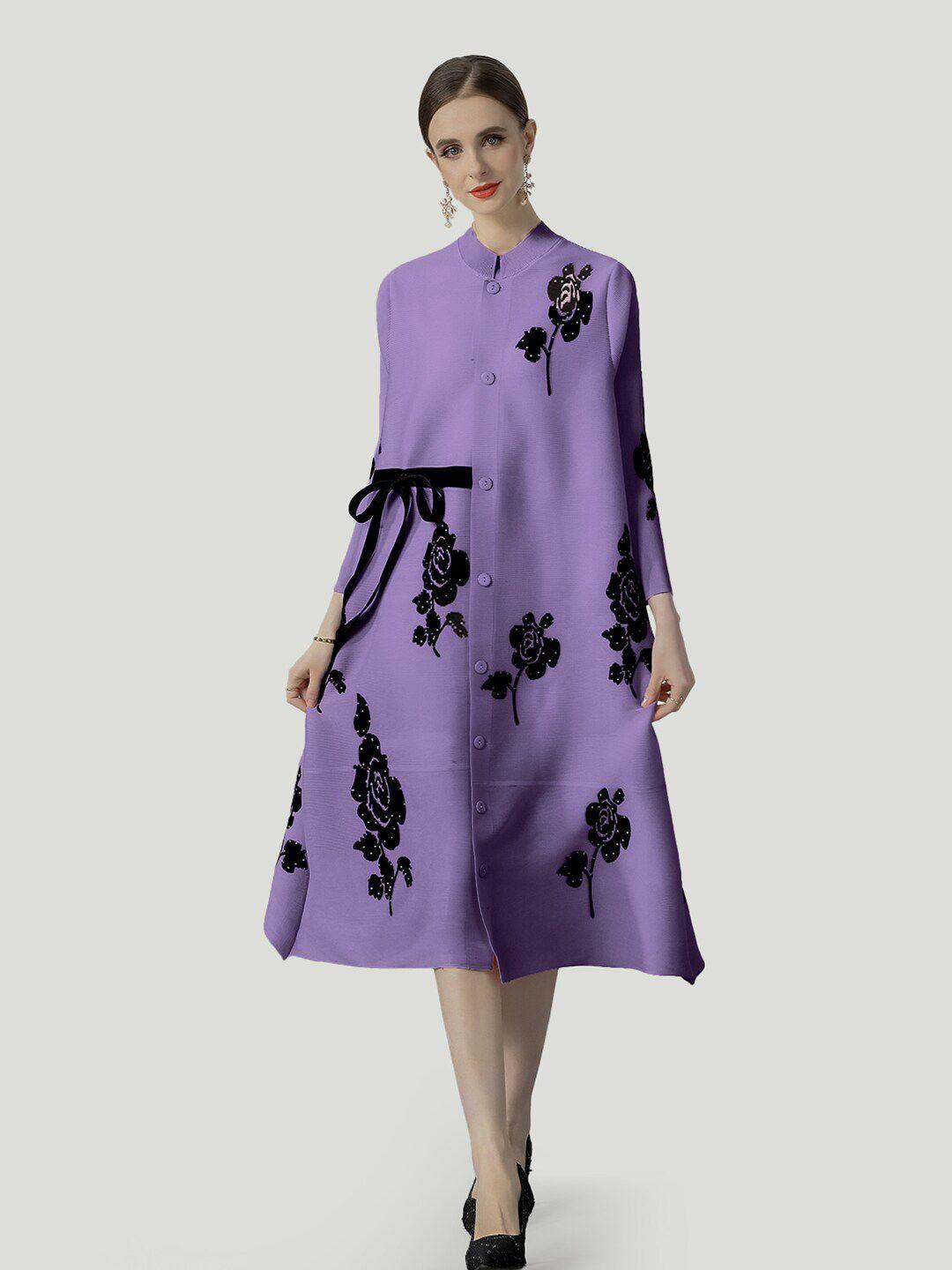 jc collection floral printed mandarin collar a-line midi dress