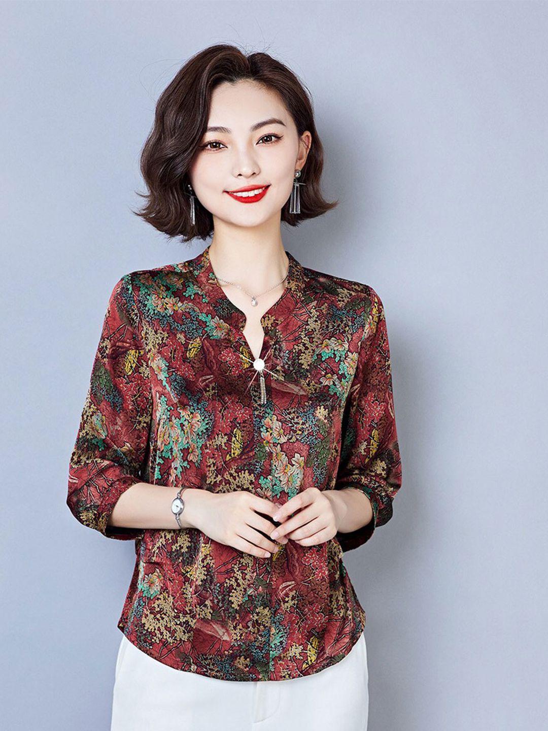 jc collection floral printed mandarin collar shirt style top