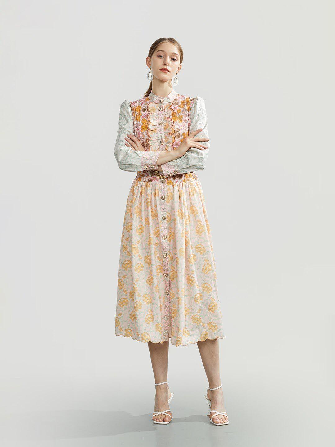 jc collection floral printed mock neck puff sleeves ruffled pleated fit & flare midi dress