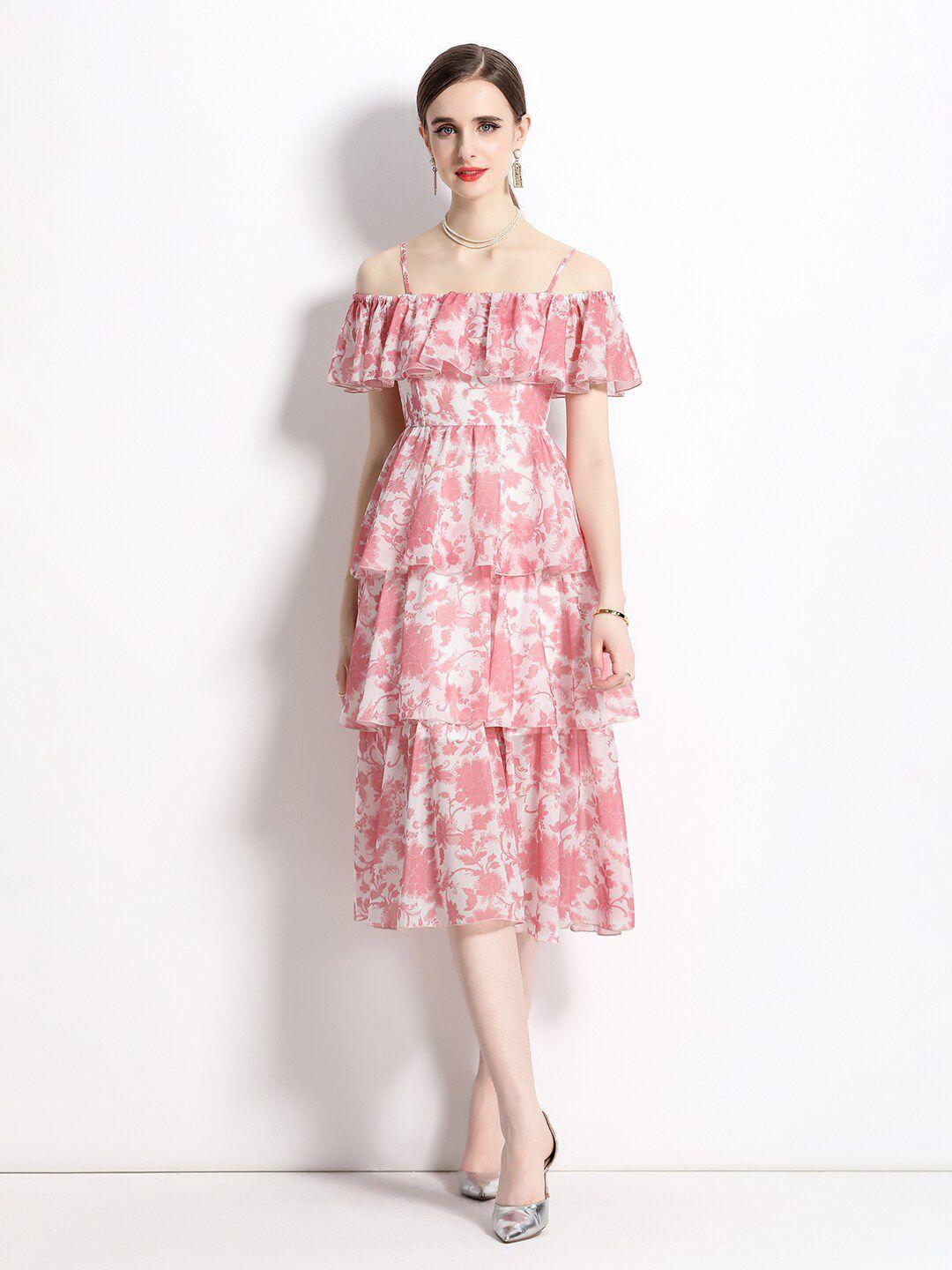 jc collection floral printed off-shoulder layered midi fit and flare dress