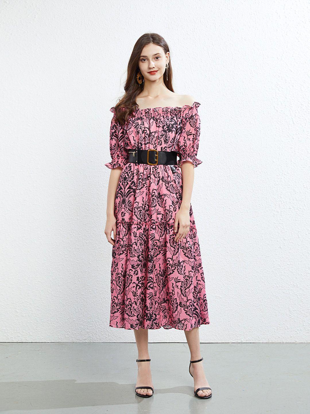 jc collection floral printed off-shoulder tiered fit & flare midi dress with belt