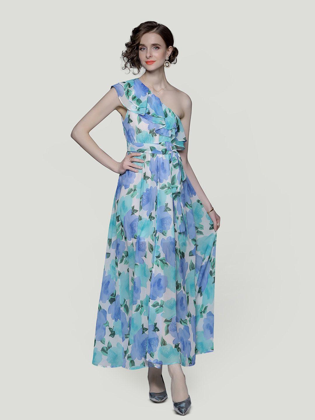 jc collection floral printed one shoulder ruffles detail flared maxi dress