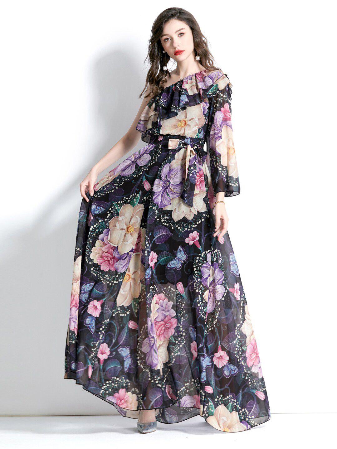 jc collection floral printed one-shoulder ruffles fit & flare maxi dress